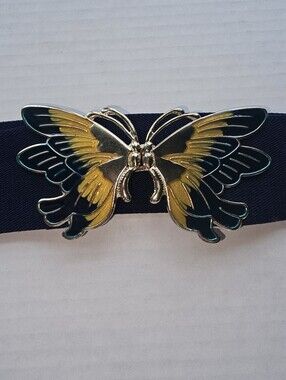 Enamel Butterfly Navy Stretch Belt Vintage Sz S/M Yellow Navy